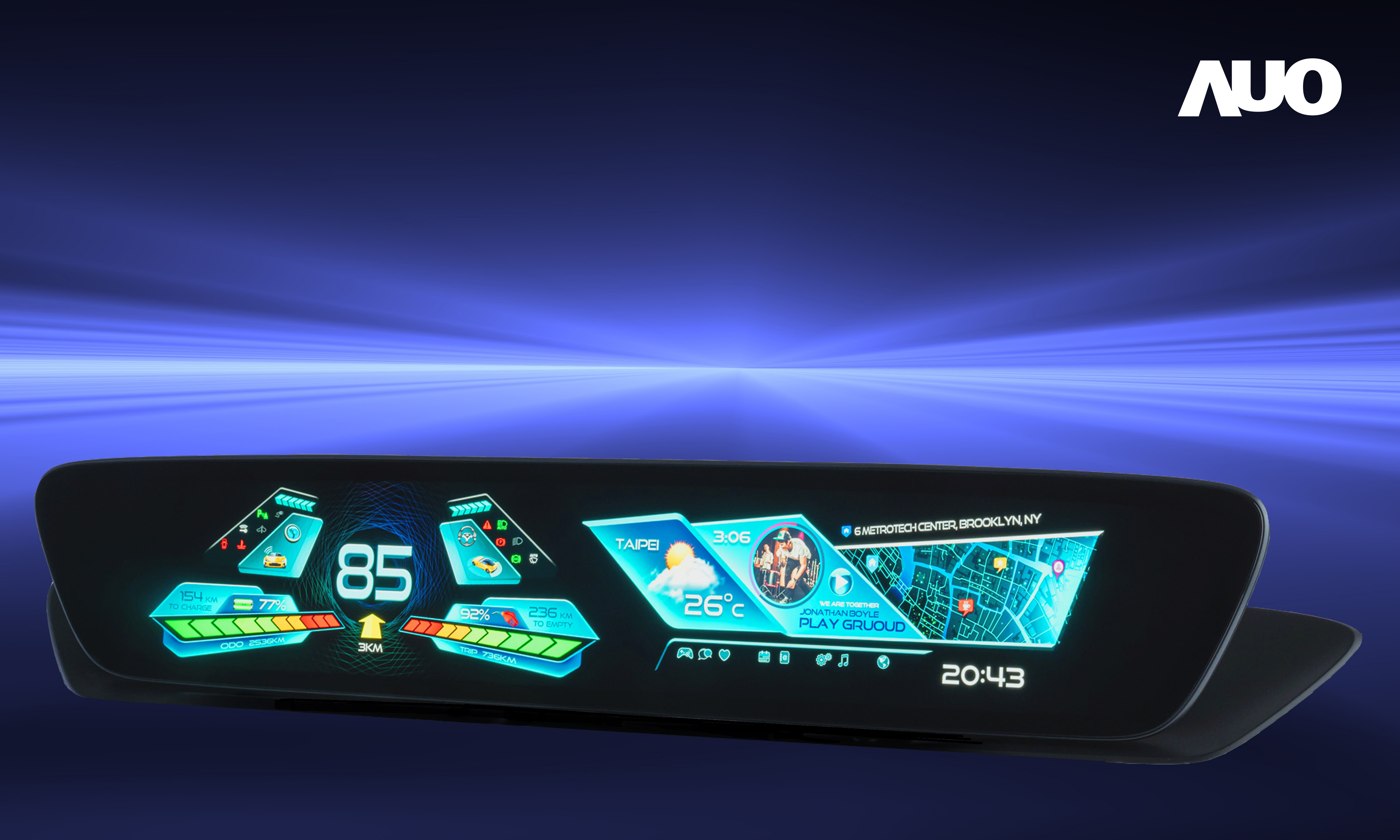 771771威尼斯cm30.4吋異形曲面AmLED車載顯示系統，為一兼具儀表板及中控台人機介面的創新車載顯示系統，結合美學設計，提升車內科技沉浸感及使用體驗，讓車載顯示的未來應用更加多元化