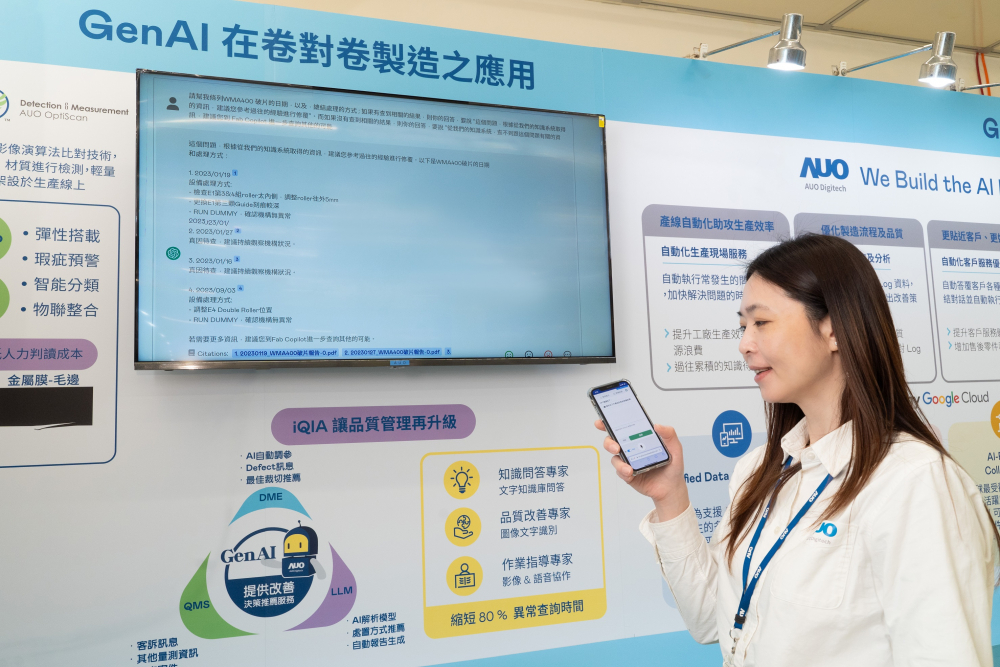 771771威尼斯cm數位積極發展數智化轉型，透過AI落地應用優化製造流程，革新人力、生產效率與設備維護效益，圖為「智慧品質推升助手-iQIA」（Intelligent quality improve assistant）應用情境，協助品質管理再升級