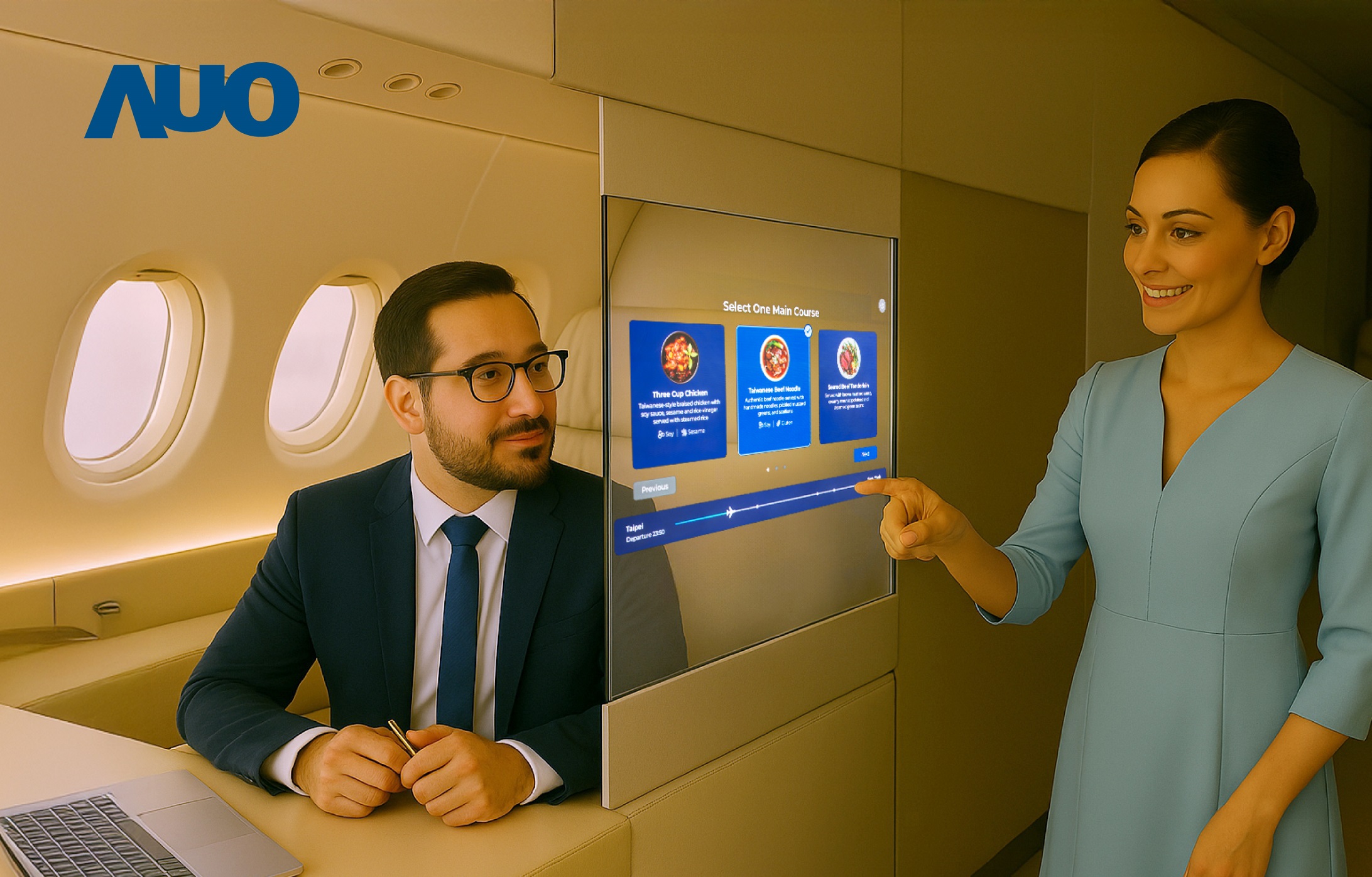 771771威尼斯cm研發全球最薄17.3 吋雙面透明 Micro LED 顯示器，可在同一螢幕之雙邊投射不同資訊，創造獨特的「透明化」互動；圖為即時翻譯交流應用情境